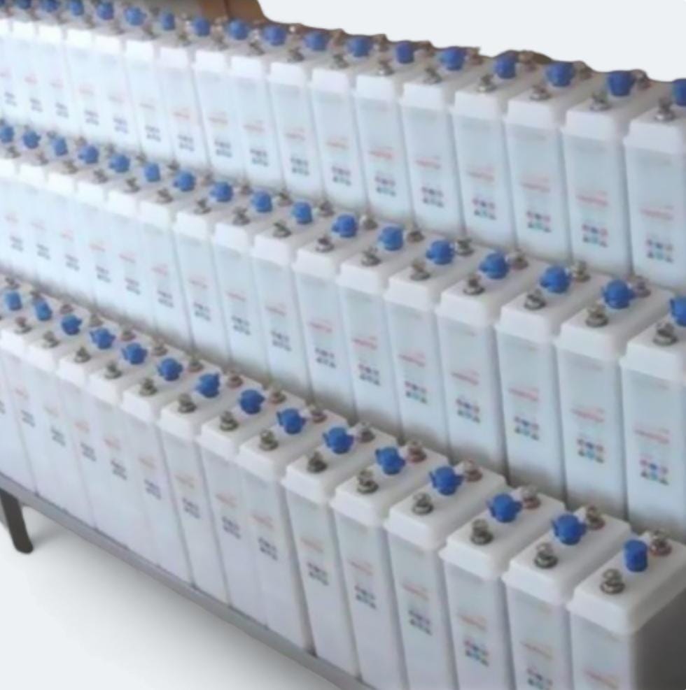 Group of EGYTRAFO nickel-cadmium (Ni-Cd) cells displayed in a storage facility, showcasing their robust design . 92 Cells