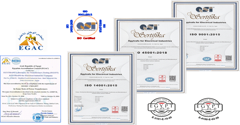 EGYTRAFO proudly displays its logo alongside industry certifications, reflecting a strong commitment to quality, safety, and environmental responsibility in all its operations
